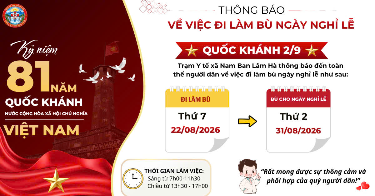 Lịch đi làm bù ngày nghỉ lễ Quốc Khánh 02/09/2026